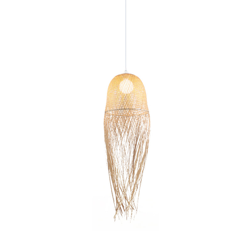 Hand-Knitted Pendant Light with Tassel Design Modern Bamboo 1 Head Beige Hanging Lamp for Dining Room Clearhalo 'Ceiling Lights' 'Pendant Lights' 'Pendants' Lighting' 613342