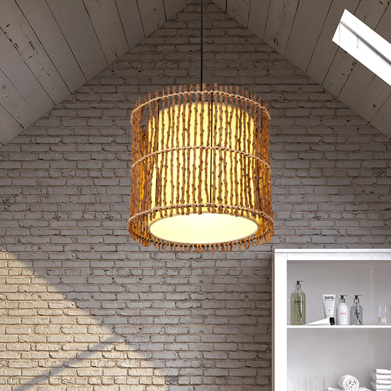 Hand-Woven Rattan Cylinder Drop Pendant Chinese 1 Light Beige Hanging Ceiling Light for Restaurant Bedroom Clearhalo 'Ceiling Lights' 'Pendant Lights' 'Pendants' Lighting' 613360