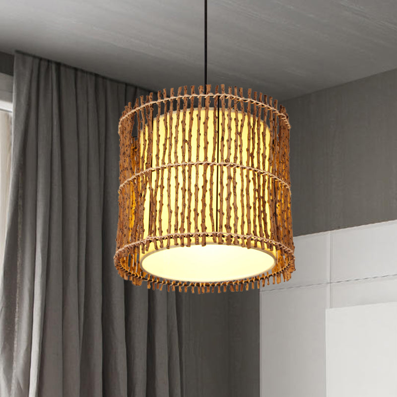 Hand-Woven Rattan Cylinder Drop Pendant Chinese 1 Light Beige Hanging Ceiling Light for Restaurant Bedroom Clearhalo 'Ceiling Lights' 'Pendant Lights' 'Pendants' Lighting' 613361