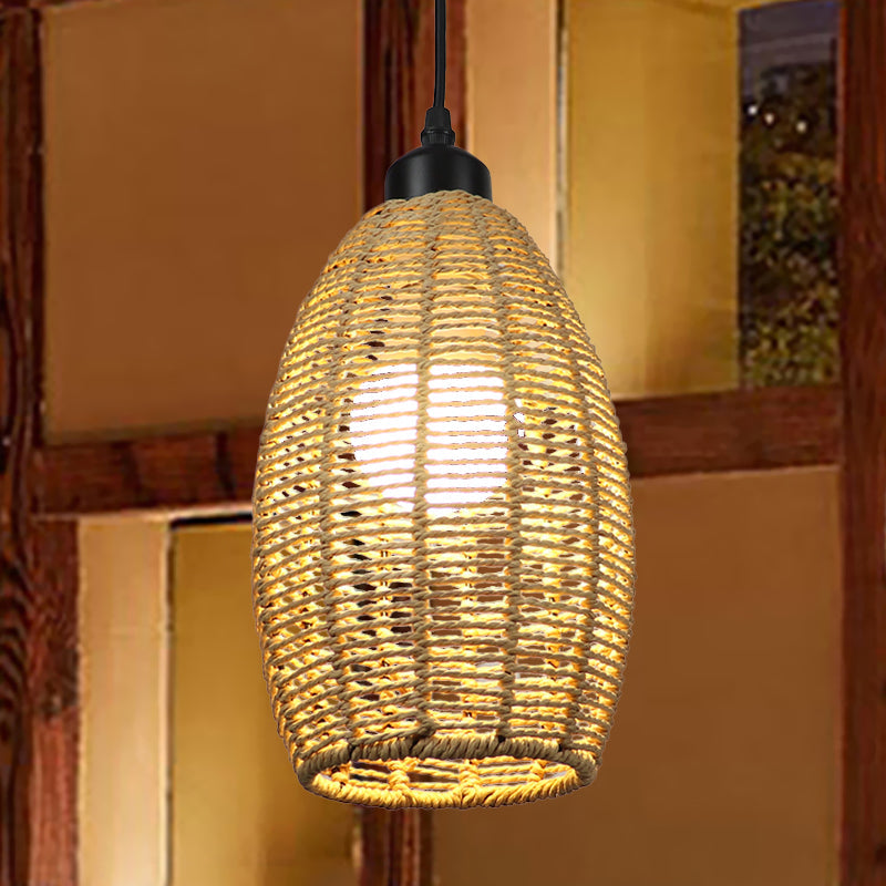 1/3-Light Restaurant Hanging Pendant Light with Oval Rattan Shade Asian Style Beige Ceiling Lamp, Round/Linear Canopy Clearhalo 'Ceiling Lights' 'Pendant Lights' 'Pendants' Lighting' 613374