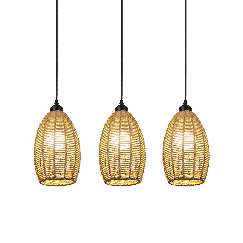 1/3-Light Restaurant Hanging Pendant Light with Oval Rattan Shade Asian Style Beige Ceiling Lamp, Round/Linear Canopy Clearhalo 'Ceiling Lights' 'Pendant Lights' 'Pendants' Lighting' 613382