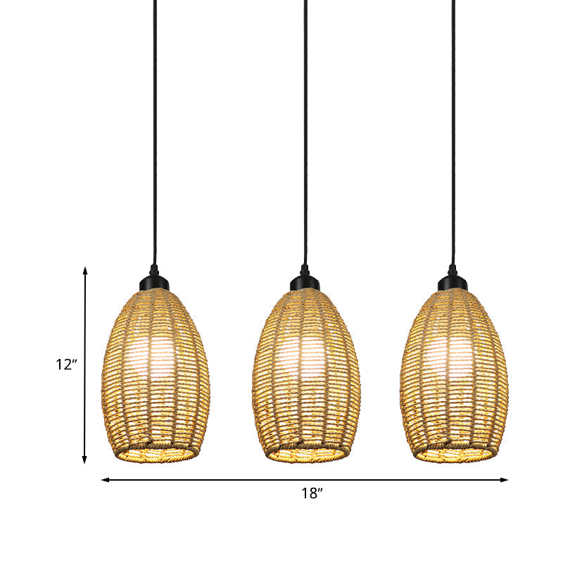 1/3-Light Restaurant Hanging Pendant Light with Oval Rattan Shade Asian Style Beige Ceiling Lamp, Round/Linear Canopy Clearhalo 'Ceiling Lights' 'Pendant Lights' 'Pendants' Lighting' 613383