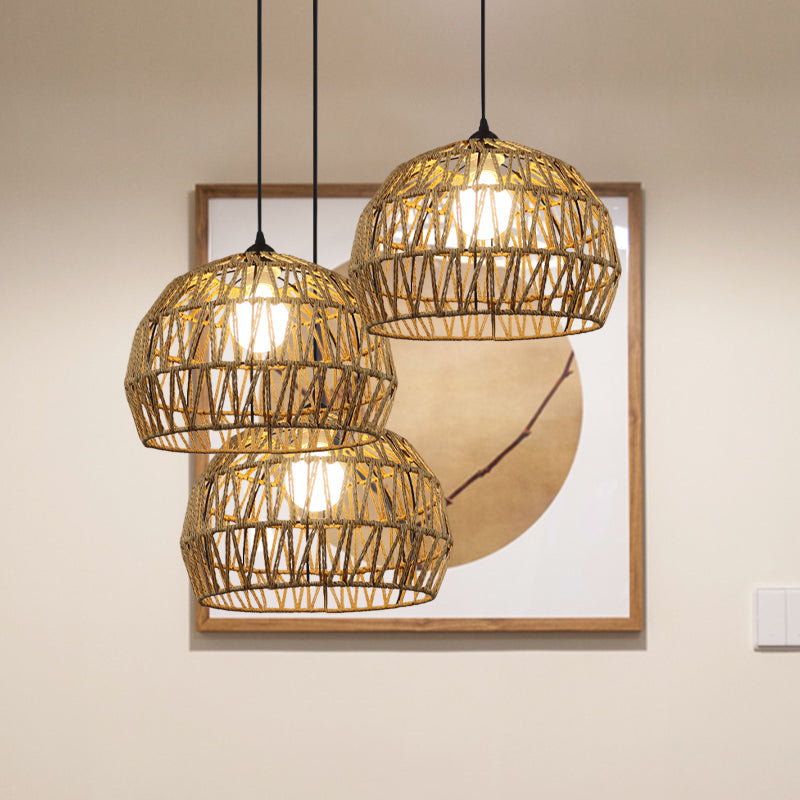 1/3-Bulb Corridor Hanging Light Fixture with Domed Rattan Shade Black/Beige Suspended Lamp Clearhalo 'Ceiling Lights' 'Pendant Lights' 'Pendants' Lighting' 613394