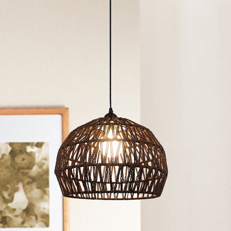 1/3-Bulb Corridor Hanging Light Fixture with Domed Rattan Shade Black/Beige Suspended Lamp Clearhalo 'Ceiling Lights' 'Pendant Lights' 'Pendants' Lighting' 613401