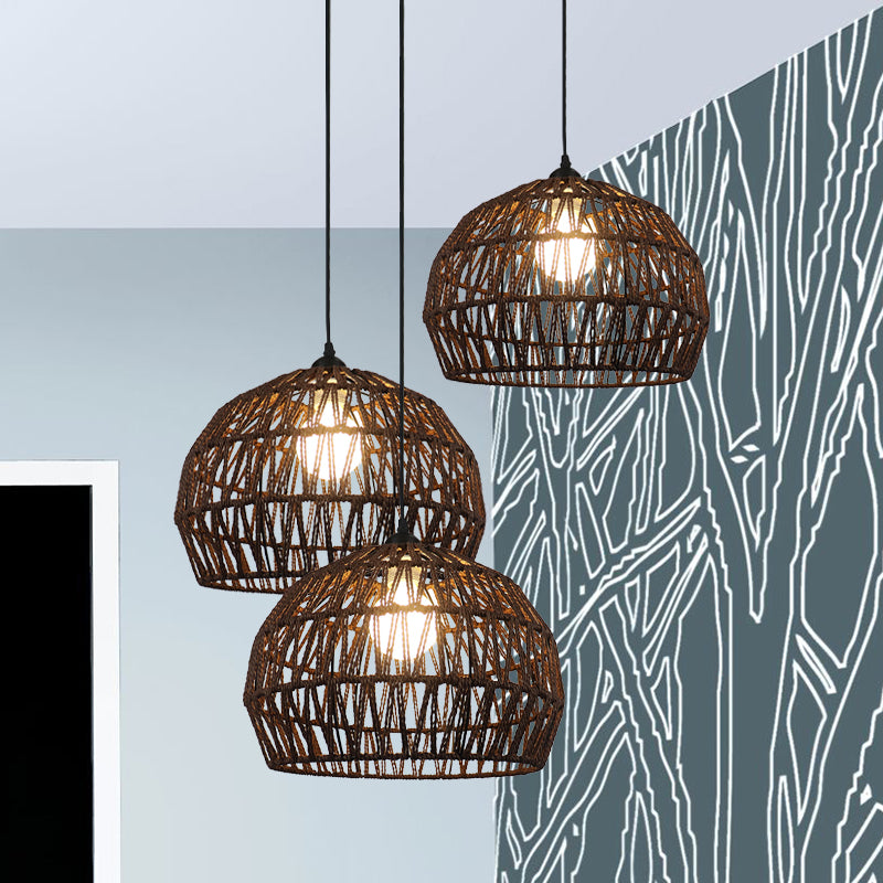 1/3-Bulb Corridor Hanging Light Fixture with Domed Rattan Shade Black/Beige Suspended Lamp Clearhalo 'Ceiling Lights' 'Pendant Lights' 'Pendants' Lighting' 613403