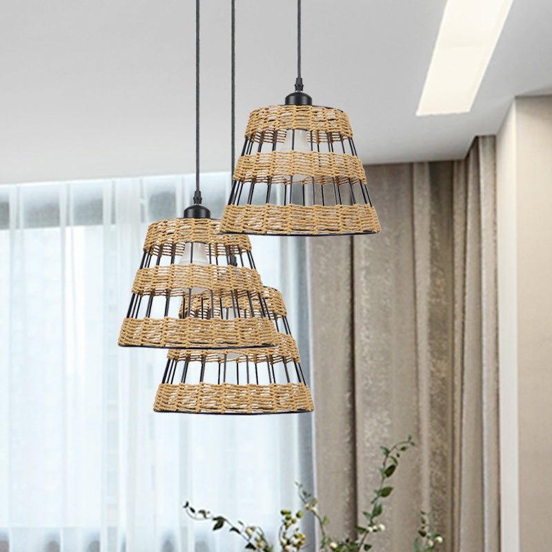 Asian Style Cone Hanging Light Fixture Metal and Rattan 1/3-Head Restaurant Pendant Lamp in Beige Clearhalo 'Ceiling Lights' 'Pendant Lights' 'Pendants' Lighting' 613485