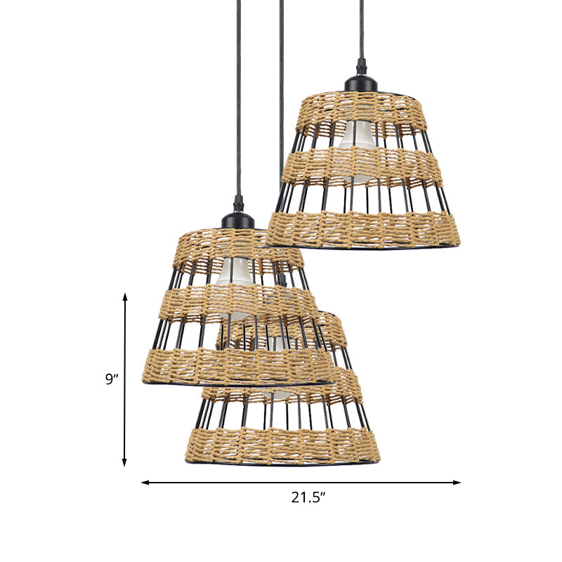 Asian Style Cone Hanging Light Fixture Metal and Rattan 1/3-Head Restaurant Pendant Lamp in Beige Clearhalo 'Ceiling Lights' 'Pendant Lights' 'Pendants' Lighting' 613488