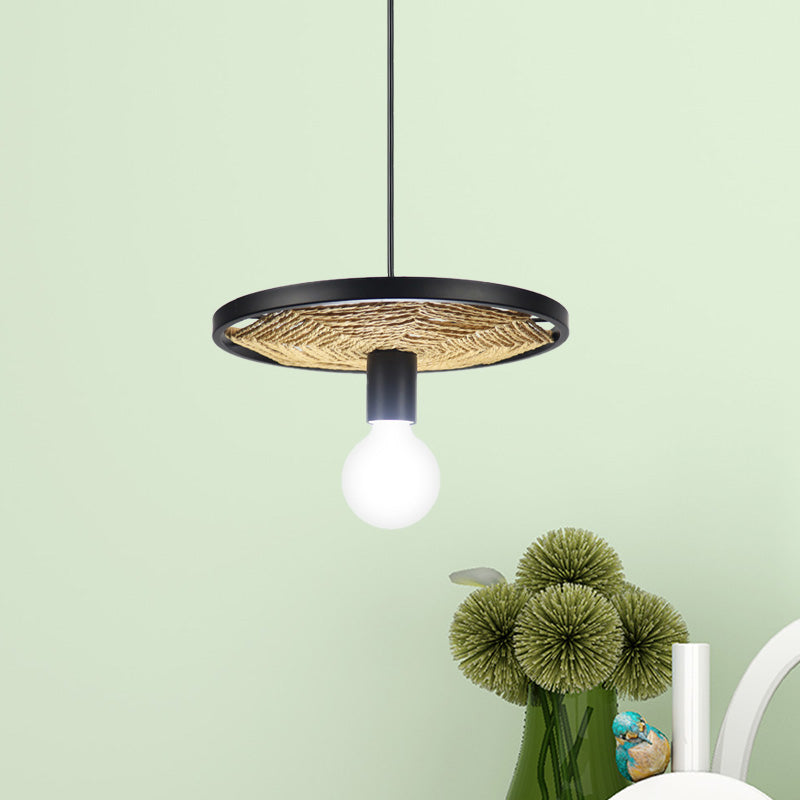 Metallic Ring Pendant Lighting Modern Style 1/3-Light Black Finish Ceiling Lamp with Rope Detail for Dining Room Clearhalo 'Ceiling Lights' 'Pendant Lights' 'Pendants' Lighting' 613584