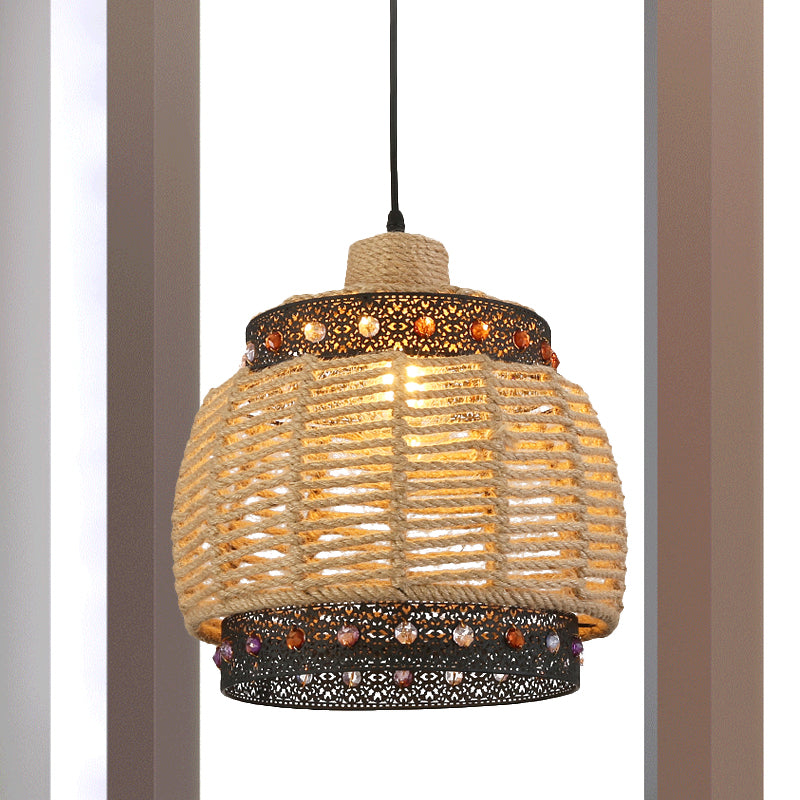 Beige Hand Woven Pendant Lighting Countryside 1 Light Rope and Metal Hanging Lamp with Jewels Accent Beige Clearhalo 'Ceiling Lights' 'Pendant Lights' 'Pendants' Lighting' 613603_6c865577-3df0-4c3e-8d02-7bc7e9edd5c4