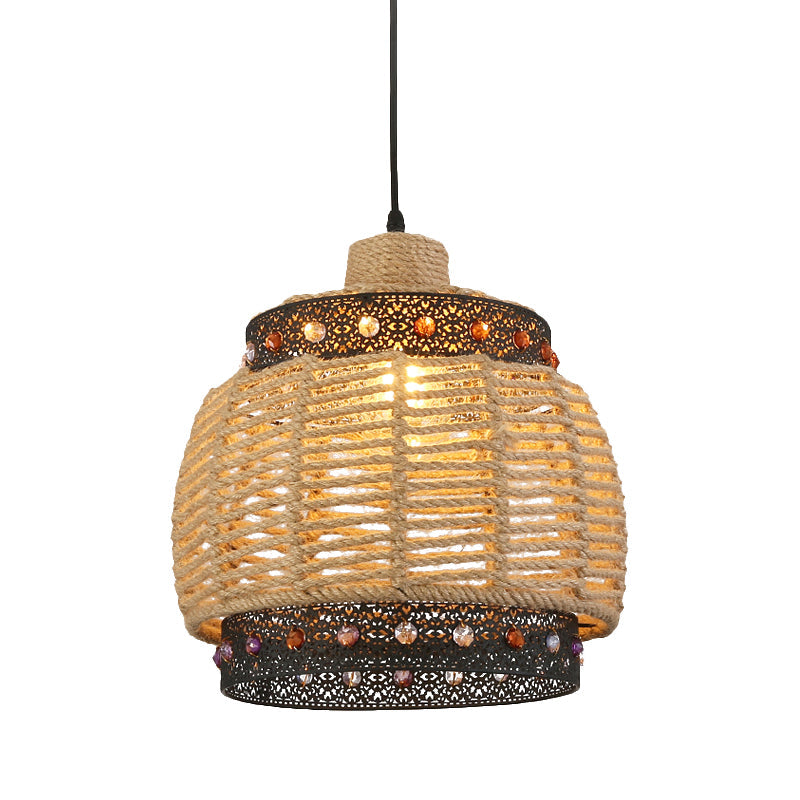 Beige Hand Woven Pendant Lighting Countryside 1 Light Rope and Metal Hanging Lamp with Jewels Accent Clearhalo 'Ceiling Lights' 'Pendant Lights' 'Pendants' Lighting' 613606