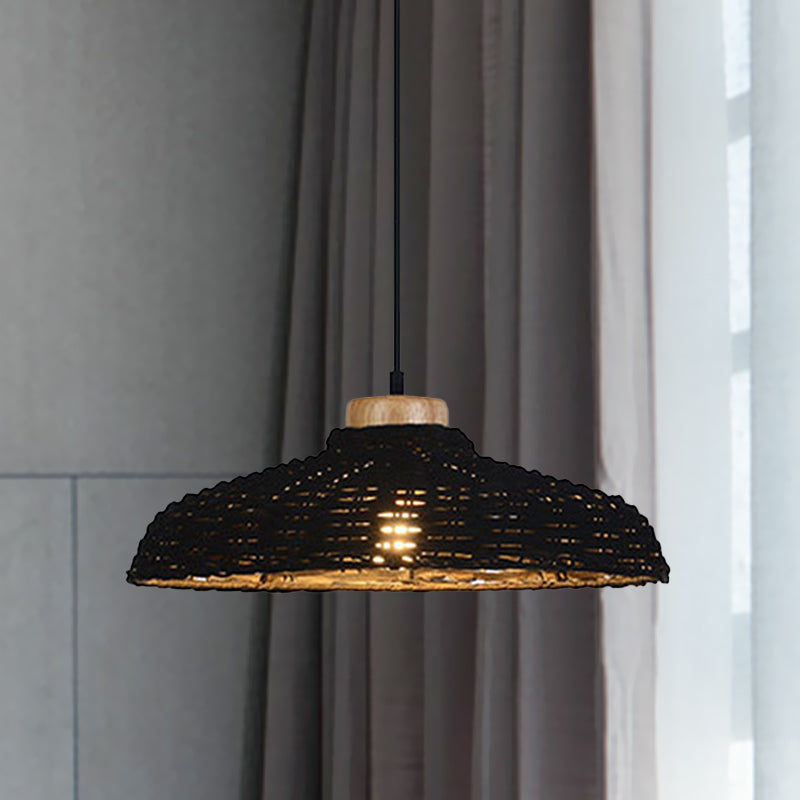 Beige/Black Barn Shade Pendant Lamp Asian Style 1 Light Rattan Height Adjustable Hanging Ceiling Light, 12.5