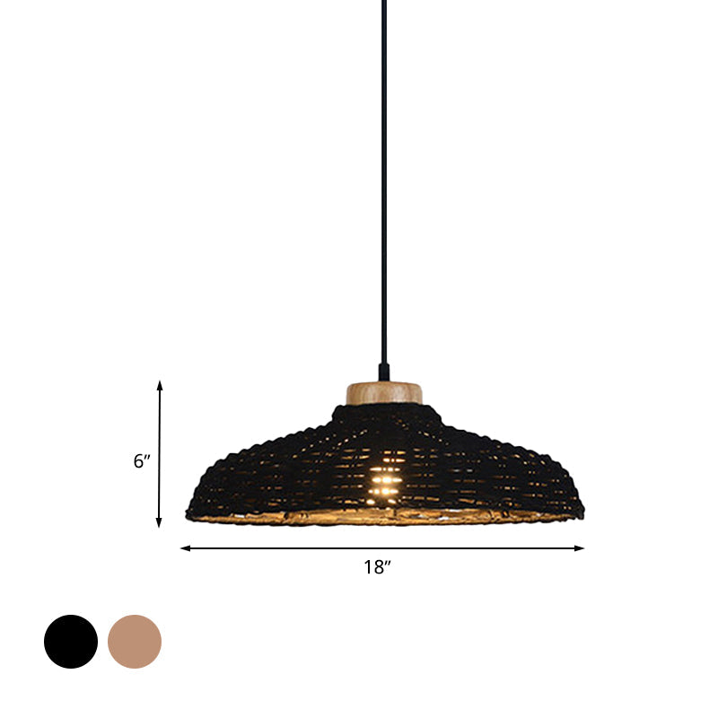 Beige/Black Barn Shade Pendant Lamp Asian Style 1 Light Rattan Height Adjustable Hanging Ceiling Light, 12.5