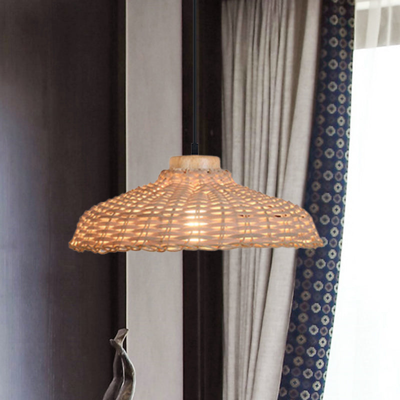 Beige/Black Barn Shade Pendant Lamp Asian Style 1 Light Rattan Height Adjustable Hanging Ceiling Light, 12.5