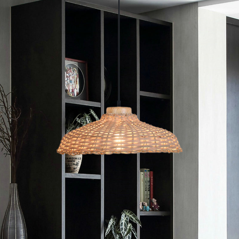 Beige/Black Barn Shade Pendant Lamp Asian Style 1 Light Rattan Height Adjustable Hanging Ceiling Light, 12.5