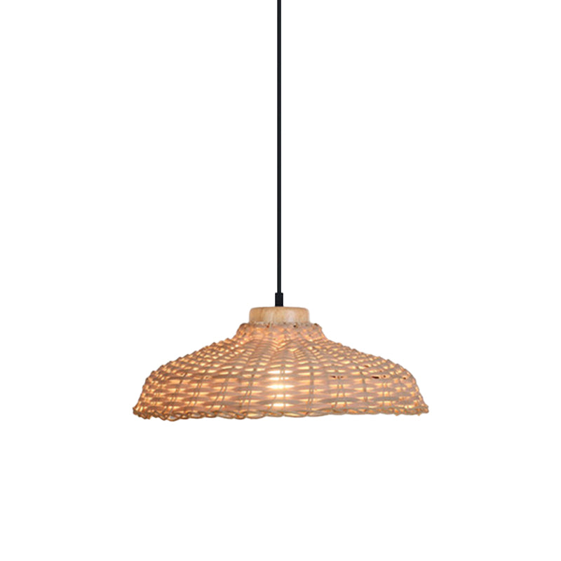 Beige/Black Barn Shade Pendant Lamp Asian Style 1 Light Rattan Height Adjustable Hanging Ceiling Light, 12.5