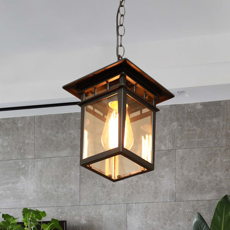 1 Head Lantern Pendant Light Farmhouse Brass/Black Finish Clear Glass Ceiling Hang Fixture for Passage Black Clearhalo 'Ceiling Lights' 'Glass shade' 'Glass' 'Pendant Lights' 'Pendants' Lighting' 615556