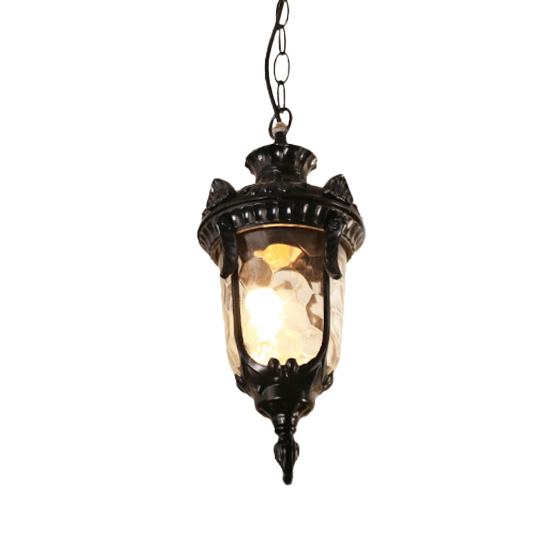 1-Head Aluminum Ceiling Light Country Black/Brass Urn Garden Hanging Lamp Fixture with Water Glass Shade Clearhalo 'Ceiling Lights' 'Glass shade' 'Glass' 'Pendant Lights' 'Pendants' Lighting' 615582