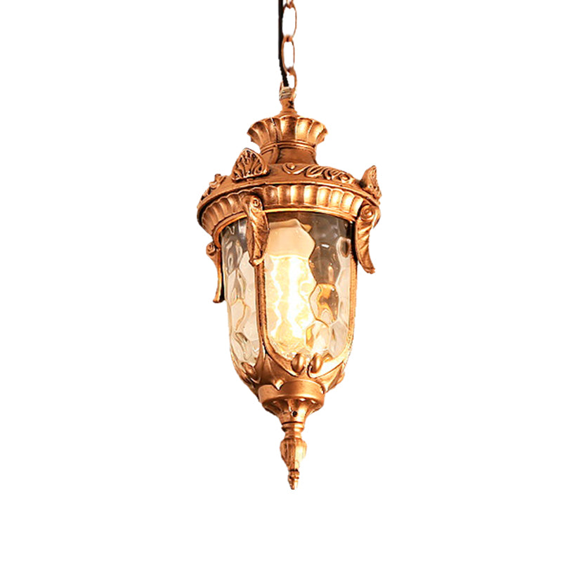 1-Head Aluminum Ceiling Light Country Black/Brass Urn Garden Hanging Lamp Fixture with Water Glass Shade Clearhalo 'Ceiling Lights' 'Glass shade' 'Glass' 'Pendant Lights' 'Pendants' Lighting' 615587