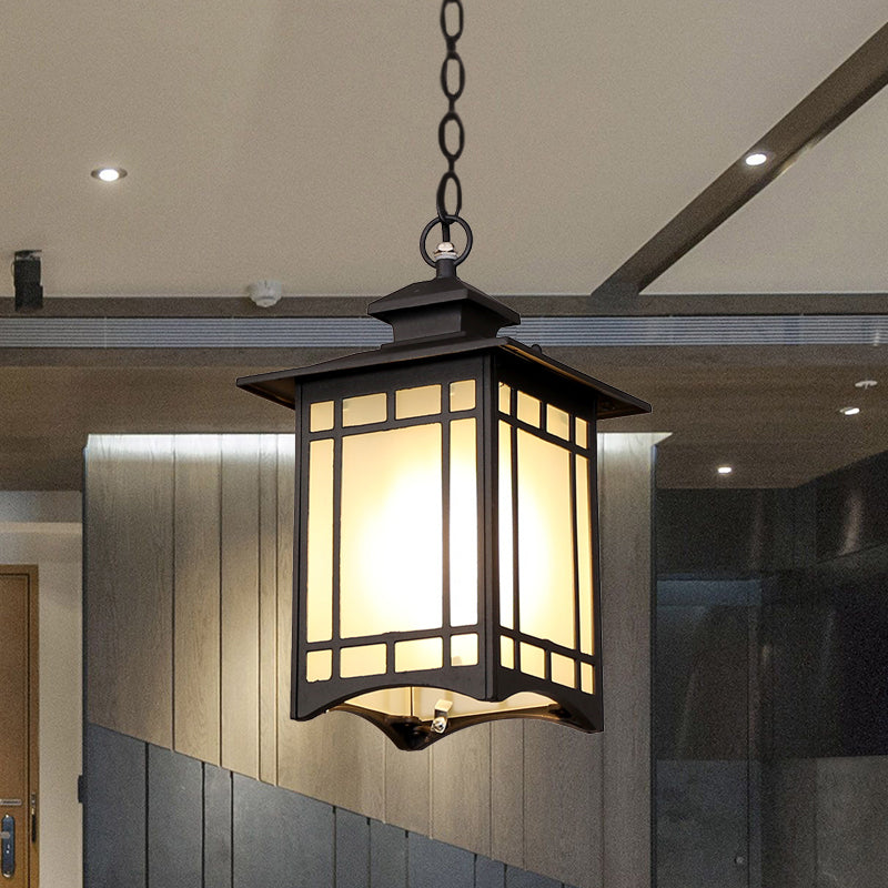 Black Finish Open Bottom Pendant Rustic Frosted Glass 1-Bulb Courtyard Hanging Ceiling Light Clearhalo 'Ceiling Lights' 'Glass shade' 'Glass' 'Pendant Lights' 'Pendants' Lighting' 615589