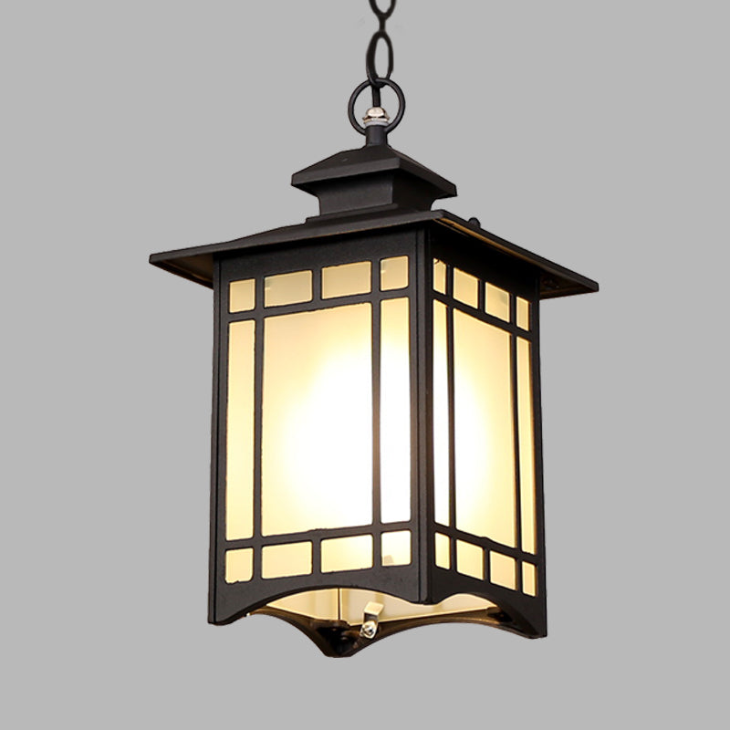 Black Finish Open Bottom Pendant Rustic Frosted Glass 1-Bulb Courtyard Hanging Ceiling Light Clearhalo 'Ceiling Lights' 'Glass shade' 'Glass' 'Pendant Lights' 'Pendants' Lighting' 615591