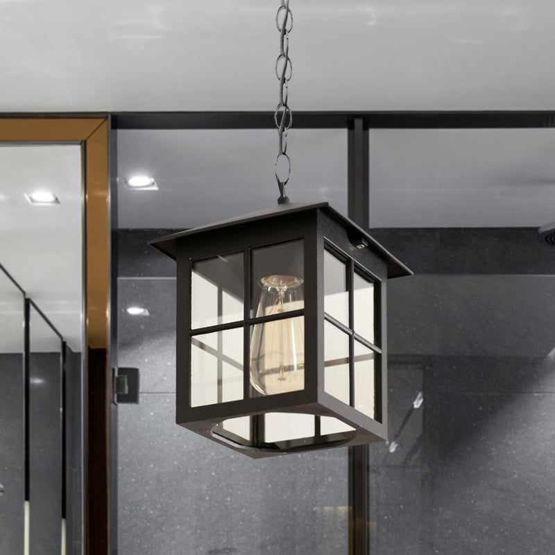 Cuboid Clear Glass Hanging Light Farmhouse 1 Bulb Courtyard Pendulum Lamp in Black/Bronze Black Clearhalo 'Ceiling Lights' 'Glass shade' 'Glass' 'Pendant Lights' 'Pendants' Lighting' 615598