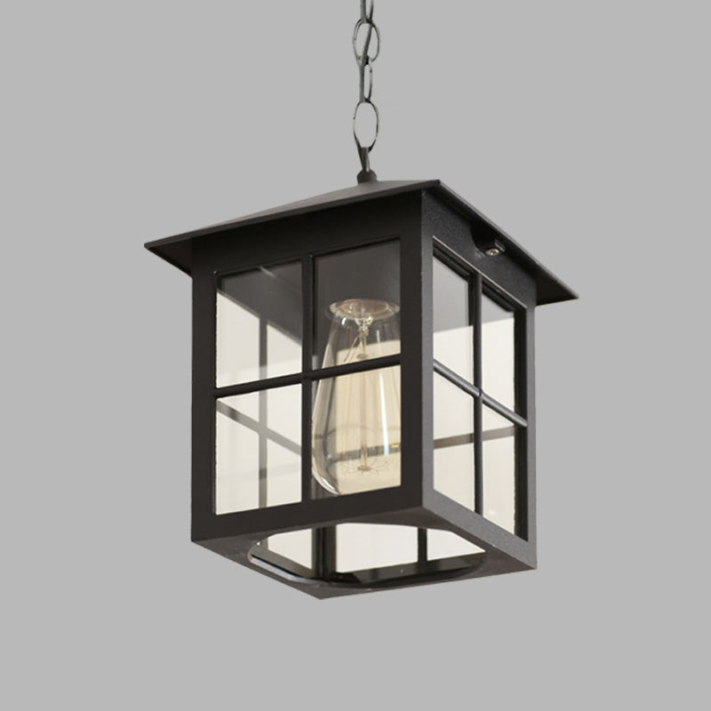 Cuboid Clear Glass Hanging Light Farmhouse 1 Bulb Courtyard Pendulum Lamp in Black/Bronze Clearhalo 'Ceiling Lights' 'Glass shade' 'Glass' 'Pendant Lights' 'Pendants' Lighting' 615601