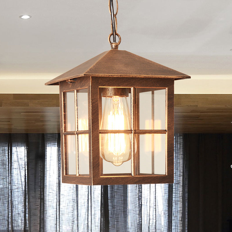 Cuboid Clear Glass Hanging Light Farmhouse 1 Bulb Courtyard Pendulum Lamp in Black/Bronze Bronze Clearhalo 'Ceiling Lights' 'Glass shade' 'Glass' 'Pendant Lights' 'Pendants' Lighting' 615603