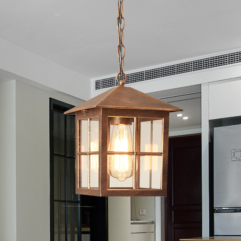 Cuboid Clear Glass Hanging Light Farmhouse 1 Bulb Courtyard Pendulum Lamp in Black/Bronze Clearhalo 'Ceiling Lights' 'Glass shade' 'Glass' 'Pendant Lights' 'Pendants' Lighting' 615604