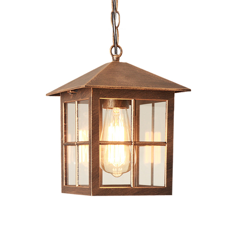 Cuboid Clear Glass Hanging Light Farmhouse 1 Bulb Courtyard Pendulum Lamp in Black/Bronze Clearhalo 'Ceiling Lights' 'Glass shade' 'Glass' 'Pendant Lights' 'Pendants' Lighting' 615605