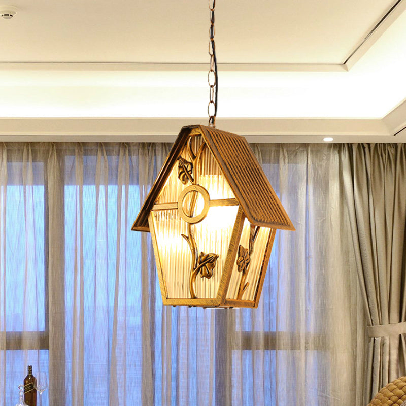 Aluminum Brass Hanging Light Kit House Shape 1-Bulb Country Ceiling Suspension Lamp with Clear/Frosted/Ribbed Glass Shade Clearhalo 'Ceiling Lights' 'Close To Ceiling Lights' 'Glass shade' 'Glass' 'Pendant Lights' 'Pendants' Lighting' 615641