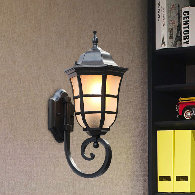 Metal Meteor Wall Sconce Lodges 1 Light Outdoor Wall Mount Lamp in Black with Frosted Glass Shade Black Clearhalo 'Wall Lamps & Sconces' 'Wall Lights' Lighting' 615878