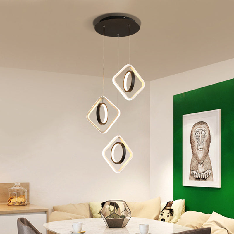 Modern Ring and Square Ceiling Light Acrylic Dining Room LED Multi Lamp Pendant in Black, White/Warm Light Clearhalo 'Ceiling Lights' 'Modern Pendants' 'Modern' 'Pendant Lights' 'Pendants' Lighting' 615996