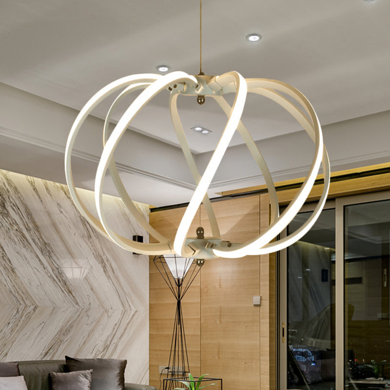 White Drum Cage Chandelier Lighting Modernism LED Acrylic Ceiling Pendant over Dining Table in White/Warm Light Clearhalo 'Ceiling Lights' 'Chandeliers' 'Modern Chandeliers' 'Modern' Lighting' 616079