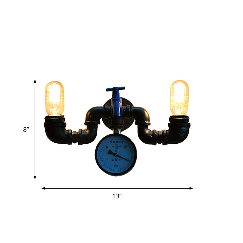 Antique Style Pipe Wall Lamp with Pressure Gauge and Faucet Deco 2 Lights Metal Sconce Lighting in Black Clearhalo 'Art deco wall lights' 'Cast Iron' 'Glass' 'Industrial wall lights' 'Industrial' 'Middle century wall lights' 'Modern' 'Rustic wall lights' 'Tiffany' 'Traditional wall lights' 'Wall Lamps & Sconces' 'Wall Lights' Lighting' 616165