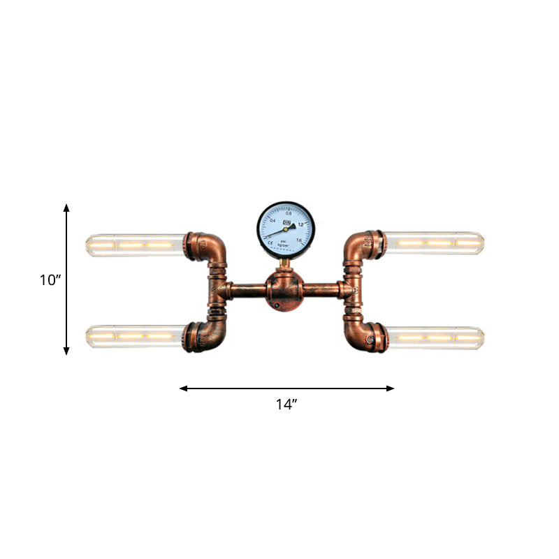 Bare Bulb Dining Room Wall Light Sconce with Gauge Deco Rustic Style Iron 4 Lights Copper Wall Mount Lamp Clearhalo 'Art deco wall lights' 'Cast Iron' 'Glass' 'Industrial wall lights' 'Industrial' 'Middle century wall lights' 'Modern' 'Rustic wall lights' 'Tiffany' 'Traditional wall lights' 'Wall Lamps & Sconces' 'Wall Lights' Lighting' 616170