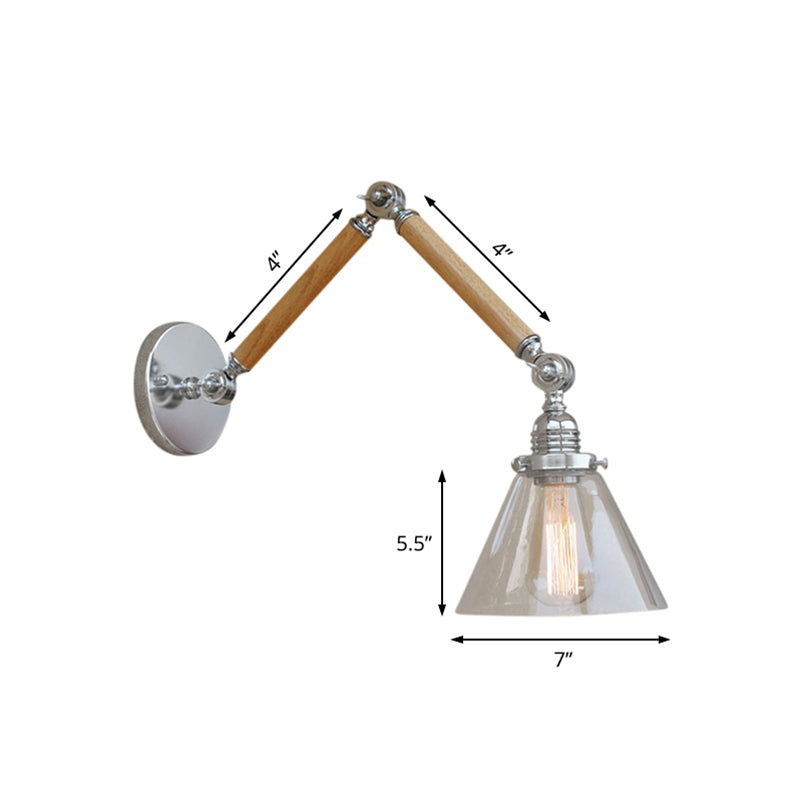 Cone Bedside Sconce Light Fixture Vintage Style Clear Glass 1 Light Chrome Wall Lamp, 8