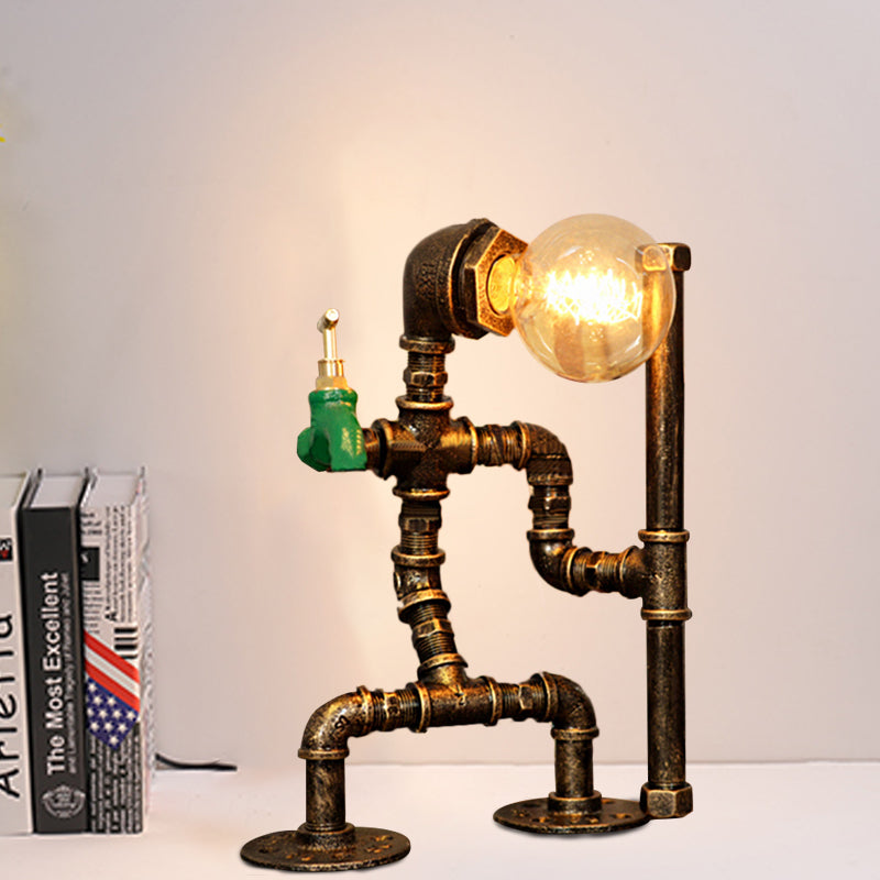 Wrought Iron Robot Table Lamp with Plumbing Pipe Rustic Style 1 Bulb Bedroom Table Lighting in Antique Brass Antique Brass A Clearhalo 'Lamps' 'Table Lamps' Lighting' 616228