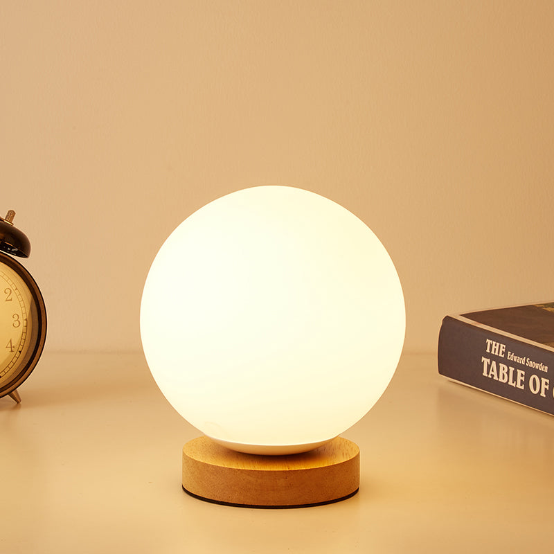 Single Bulb Globe/Cylinder/Square Shade Reading Book Light Modern Wood White Glass Task Lighting White Globe Clearhalo 'Lamps' 'Table Lamps' Lighting' 616273