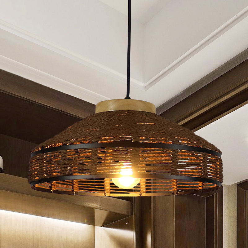 Brown Barn Shade Pendant Light Rustic Single Light Woven Rattan Suspension Lamp with Wooden Cap for Restaurant Clearhalo 'Ceiling Lights' 'Pendant Lights' 'Pendants' Lighting' 616610