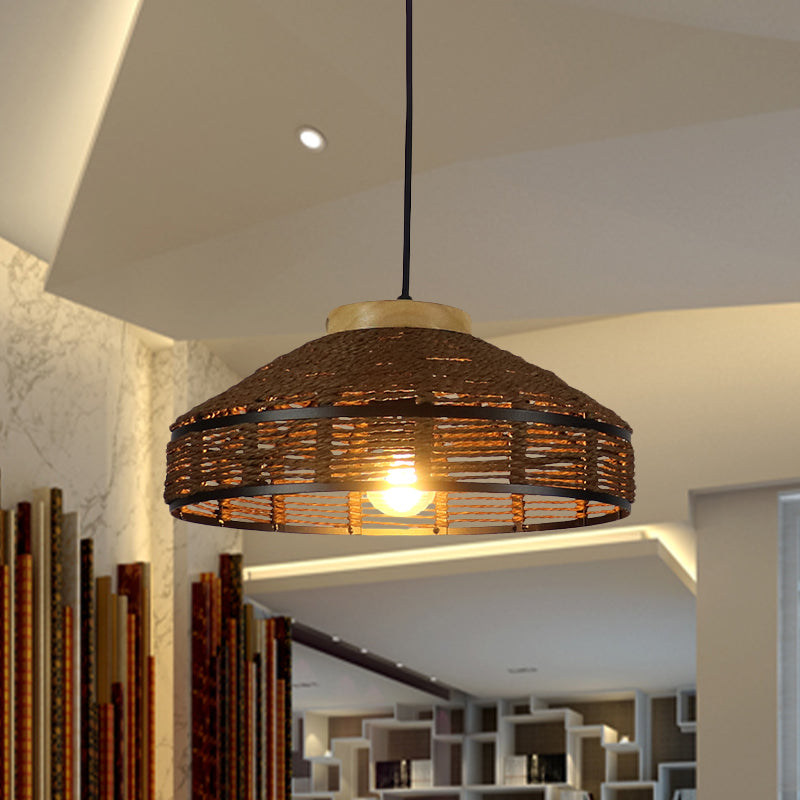 Brown Barn Shade Pendant Light Rustic Single Light Woven Rattan Suspension Lamp with Wooden Cap for Restaurant Clearhalo 'Ceiling Lights' 'Pendant Lights' 'Pendants' Lighting' 616612