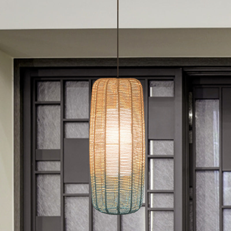 Beige and Blue Curved/Elongated Hanging Light Contemporary 1 Light Hemp Rope Pendant Lighting for Restaurant, 6.5