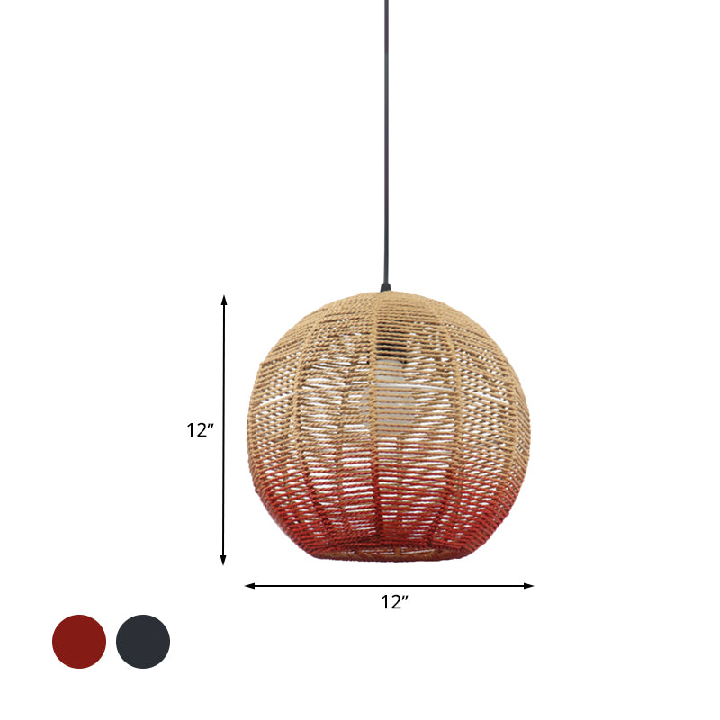 Globe/Elliptical/Barrel/Dome Pendant Lamp Chinese Straw Rope 1 Bulb Red/Blue Hanging Light for Bedroom Restaurant Clearhalo 'Ceiling Lights' 'Pendant Lights' 'Pendants' Lighting' 616825