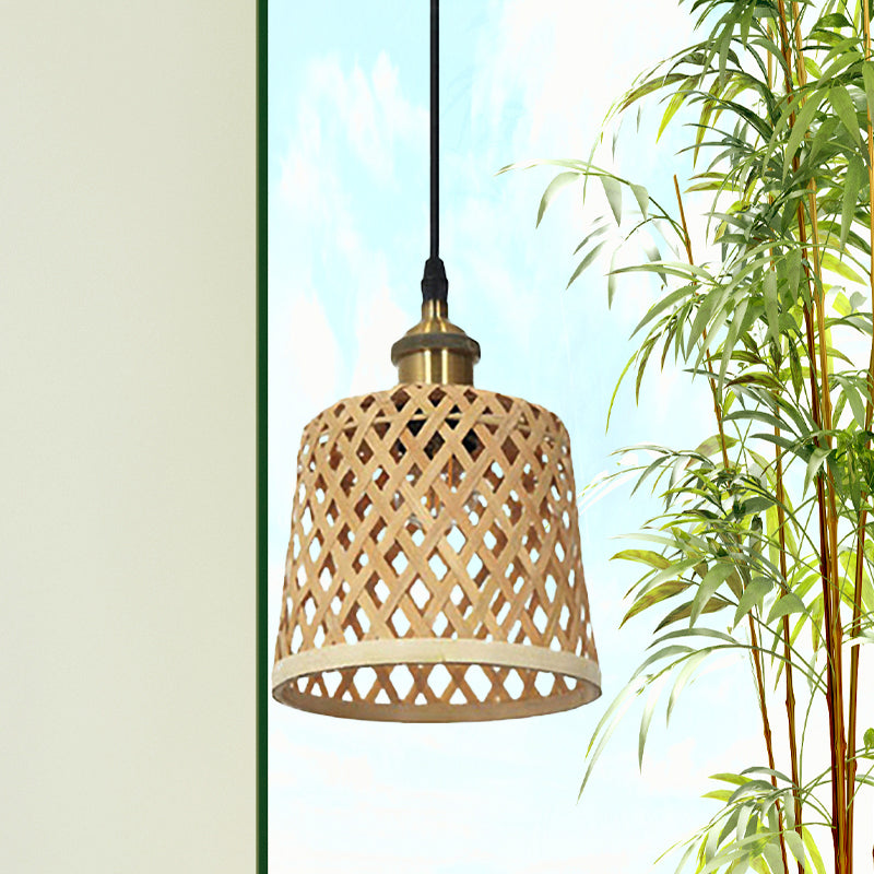 Hand-Worked Bamboo Hanging Light Modern 1 Head Beige Pendant Lamp with Barrel/Dome Shade for Coffee Shop Clearhalo 'Ceiling Lights' 'Pendant Lights' 'Pendants' Lighting' 616887