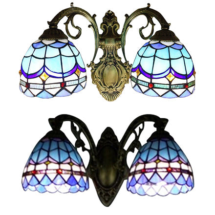 Baroque Dome Sconce Light with Curved Arm Stained Glass 2 Light Wall Light 11