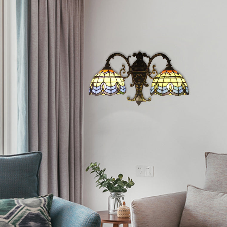 Baroque Bowl Wall Sconce Lighting Stained Glass Double Wall Lighting with Curved Arm Beige Clearhalo 'Industrial' 'Middle century wall lights' 'Tiffany wall lights' 'Tiffany' 'Wall Lamps & Sconces' 'Wall Lights' Lighting' 62076