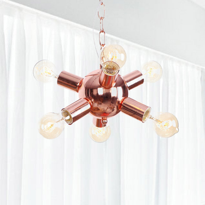 Rose Gold Starburst Chandelier Light Retro Style Metallic 6/9 Lights Suspension Light for Restaurant 6 Rose Gold Clearhalo 'Cast Iron' 'Ceiling Lights' 'Chandeliers' 'Industrial Chandeliers' 'Industrial' 'Metal' 'Middle Century Chandeliers' 'Rustic Chandeliers' 'Tiffany' Lighting' 622284