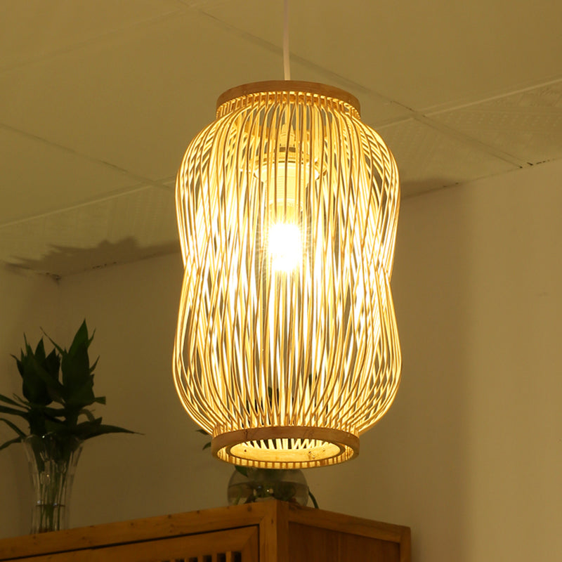 Modernist Style Lantern Design Ceiling Lamp Bamboo 1 Bulb Indoor Hanging Light in Beige Clearhalo 'Ceiling Lights' 'Pendant Lights' 'Pendants' Lighting' 622324