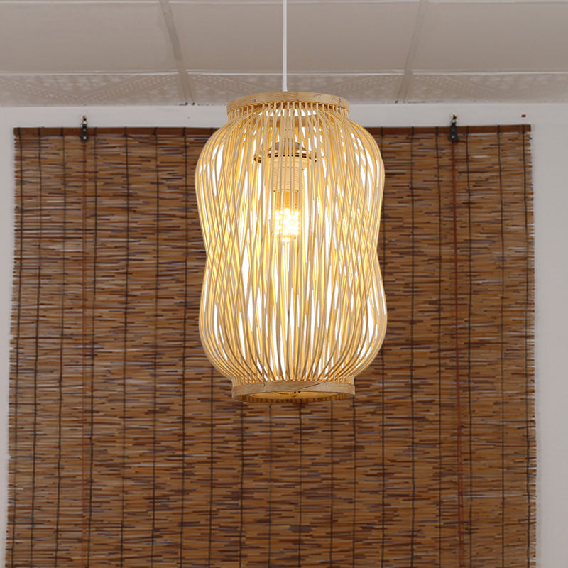 Modernist Style Lantern Design Ceiling Lamp Bamboo 1 Bulb Indoor Hanging Light in Beige Clearhalo 'Ceiling Lights' 'Pendant Lights' 'Pendants' Lighting' 622325