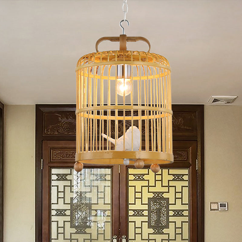 Bamboo Birdcage Shade Pendant Light with Bird Accent Chinese Style 1 Head Beige Hanging Lamp, 8