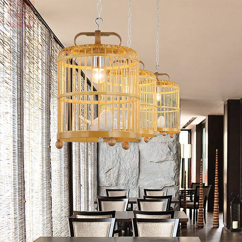 Bamboo Birdcage Shade Pendant Light with Bird Accent Chinese Style 1 Head Beige Hanging Lamp, 8